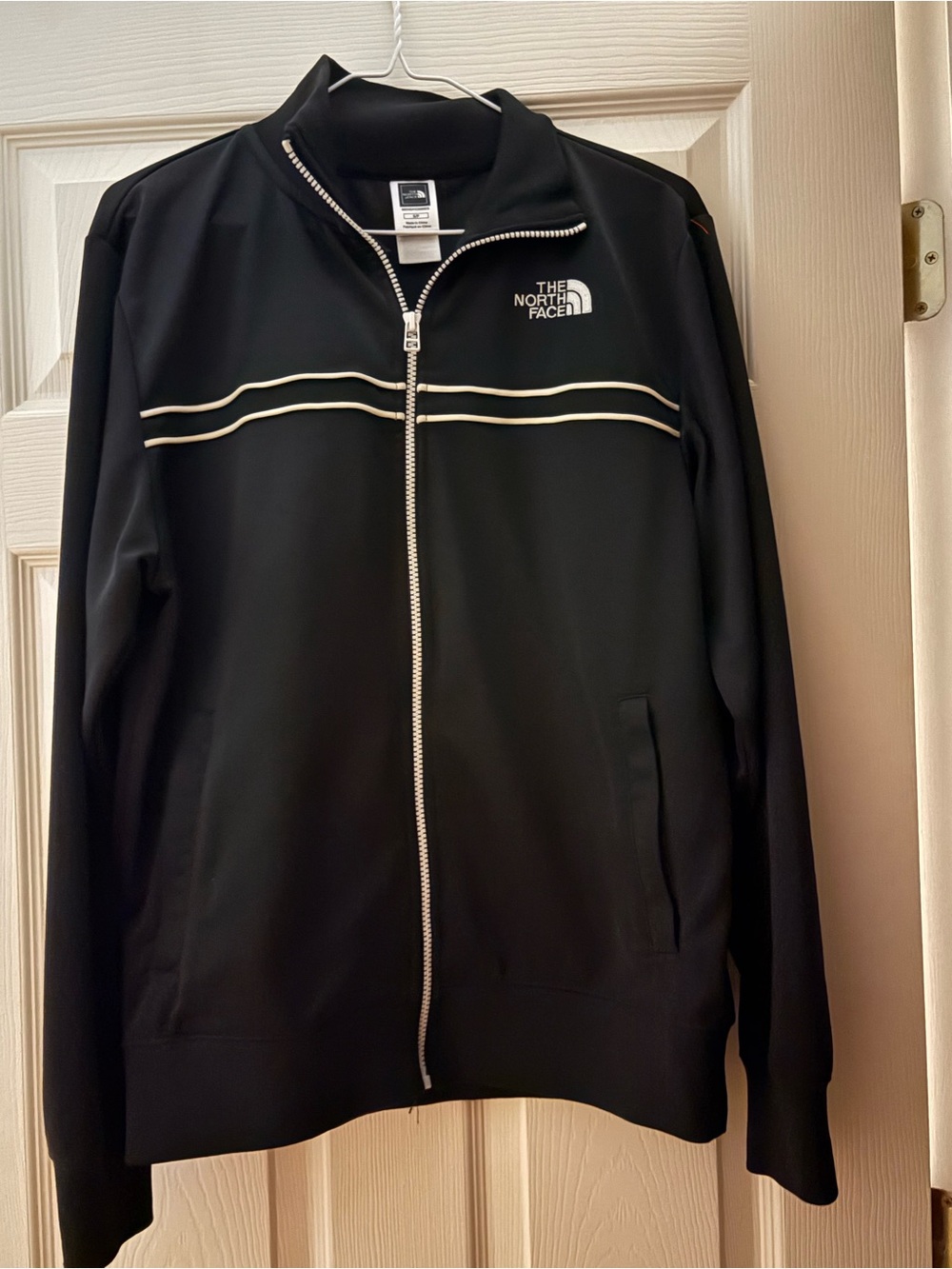 The North Face Black Track-Style Zip Jacket with White Stripes
